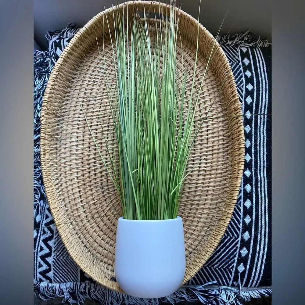 Threshold Stoneware White Planter with Green Faux Grass